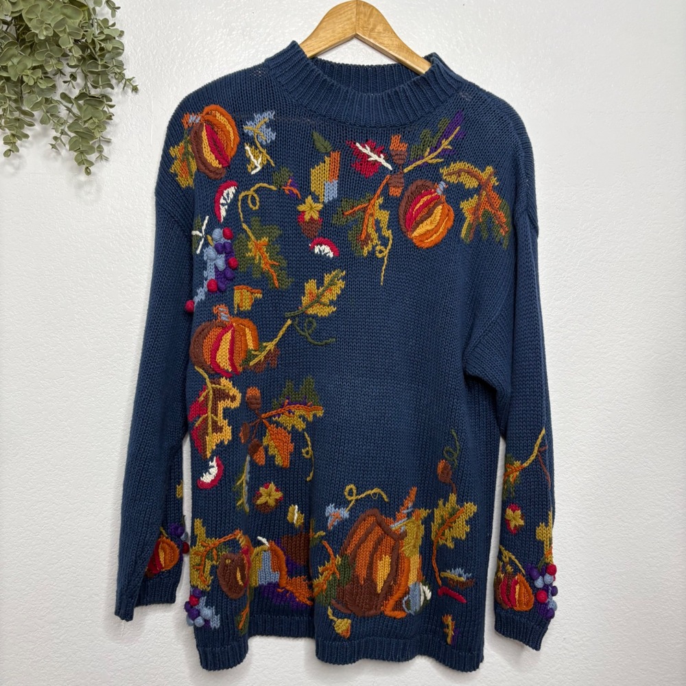 Vintage DBL Navy Blue Embroidered Pumpkin Fall Harvest Sweater Womens Large 1997 - Picture 5 of 7